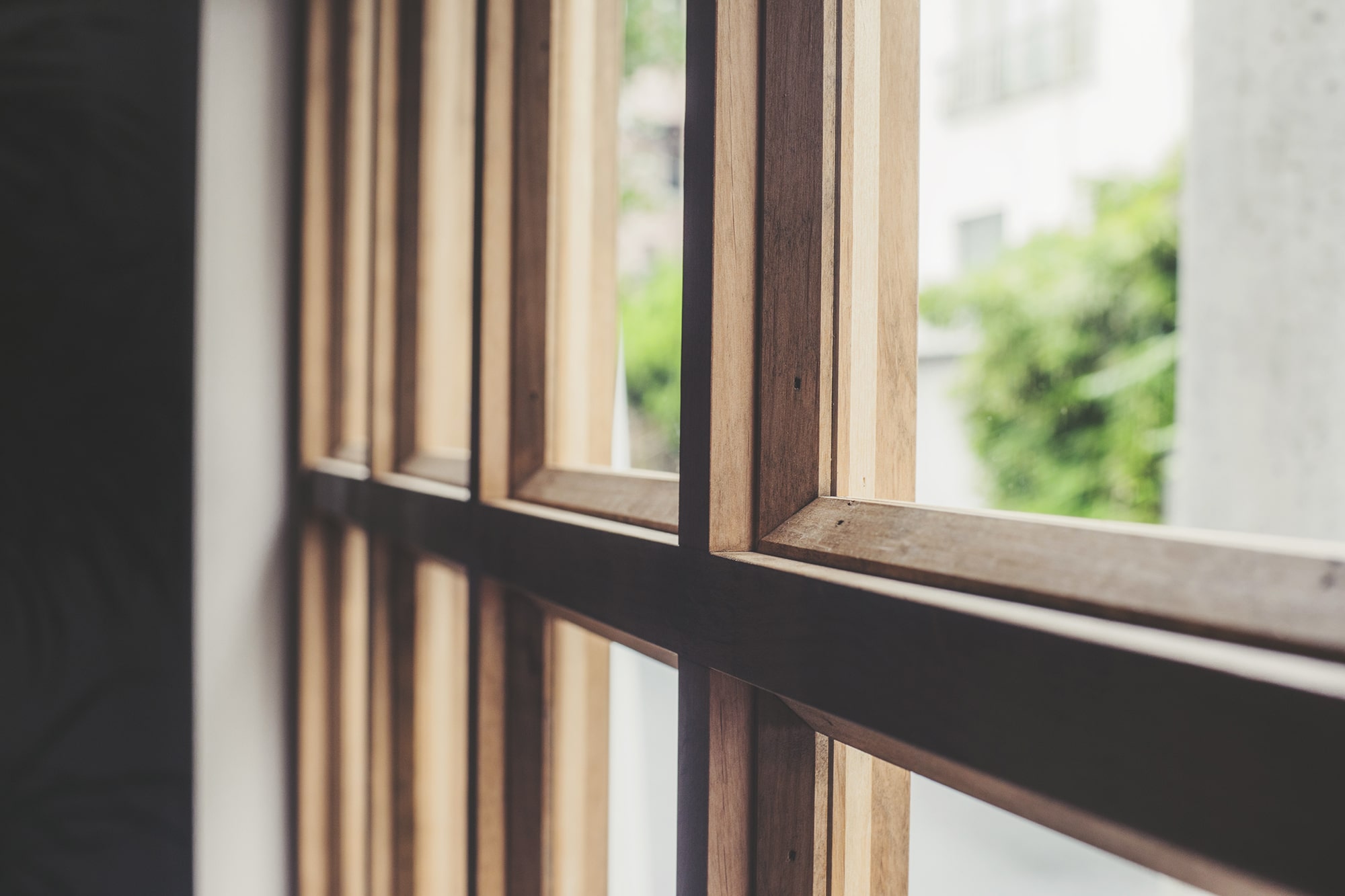 Landscape outside the wooden frame window